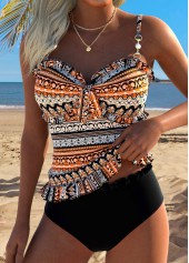 Ensemble tankini taille mi-haute à volants orange Rotita imprimé tribal