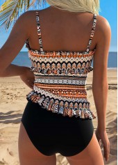 Orange swimwear,Tribal swimwear,ROTITA Orange Frill Tribal Print Mid Waisted Tankini Set