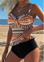 Orange swimwear,Tribal swimwear,ROTITA Orange Frill Tribal Print Mid Waisted Tankini Set