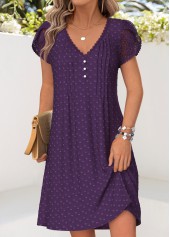 ROTITA Purple Tuck Stitch Short V Neck Dress