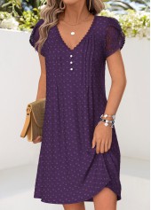 Purple dresses,Plain Color dresses,Everyday dresses,Casual dresses,ROTITA Purple Tuck Stitch Short V Neck Dress