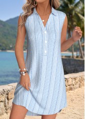 Light Blue dresses,Plain Color dresses,Everyday dresses,Casual dresses,ROTITA Light Blue Tummy Coverage Short Shirt Collar Sleeveless Dress