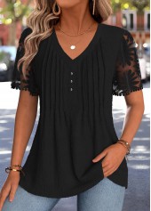 ROTITA Patchwork Black V Neck Short Sleeve T Shirt