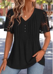 Black tops,Plain Color tops,ROTITA Patchwork Black V Neck Short Sleeve T Shirt