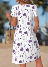 White dresses,Floral dresses,Plants dresses,Vacation dresses,Vacation dresses,ROTITA White Floral Print Tuck Stitch Short Split Neck Dress