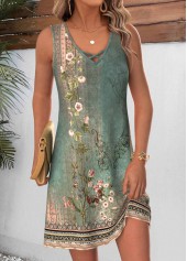 Sage Green dresses,Floral dresses,Plants dresses,Vacation dresses,Vacation dresses,ROTITA Sage Green Floral Print Tummy Coverage Short Sleeveless Dress