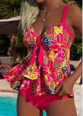 Coral swimwear,Floral swimwear,Plants swimwear,ROTITA Coral Tie Floral Print Mid Waisted Tankini Set