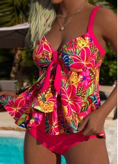 Coral swimwear,Floral swimwear,Plants swimwear,ROTITA Coral Tie Floral Print Mid Waisted Tankini Set