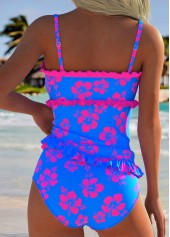Royal Blue swimwear,Floral swimwear,Plants swimwear,ROTITA Royal Blue Frill Floral Print Mid Waisted Tankini Set