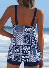 Dark Blue swimwear,Plants swimwear,Floral swimwear,ROTITA Dark Blue Lace Up Random Floral Print Tankini Set