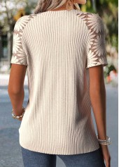 Beige tops,Plain Color tops,ROTITA Curved Hem Beige Round Neck Short Sleeve T Shirt