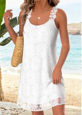 White dresses,Plain Color dresses,Vacation dresses,Vacation dresses,ROTITA White Tummy Coverage Short Round Neck Strappy Dress