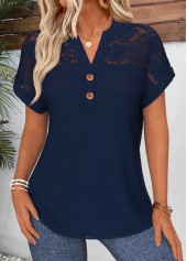 Rotita-Bluse mit Bauchbedeckung marineblauem V-Ausschnitt und kurzen Ärmeln