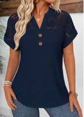 Navy tops,Plain Color tops,ROTITA Tummy Coverage Navy Split Neck Short Sleeve Blouse