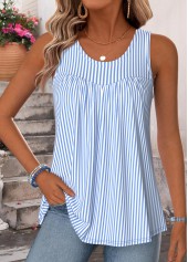 ROTITA Curved Hem Striped Blue Scoop Neck Sleeveless Tank Top