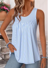 Blue tops,Striped tops,Geometric tops,ROTITA Curved Hem Striped Blue Scoop Neck Sleeveless Tank Top