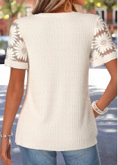 Beige tops,Plain Color tops,ROTITA Patchwork Beige Split Neck Short Sleeve Blouse