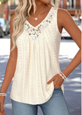 Beige tops,Plain Color tops,ROTITA Patchwork Beige V Neck Sleeveless Tank Top