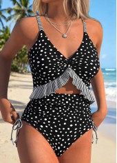 Black swimwear,Dot swimwear,ROTITA Black Fake 2in1 Polka Dot One Piece Swimwear