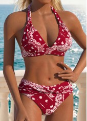 Wine Red swimwear,Tribal swimwear,ROTITA Wine Red Patchwork Tribal Print Mid Waisted Bikini Set
