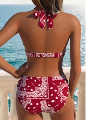 Wine Red swimwear,Tribal swimwear,ROTITA Wine Red Patchwork Tribal Print Mid Waisted Bikini Set
