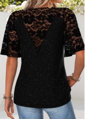 Black tops,Plain Color tops,ROTITA Curved Hem Black V Neck Half Sleeve T Shirt