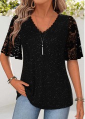 ROTITA Curved Hem Black V Neck Half Sleeve T Shirt