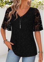 Black tops,Plain Color tops,ROTITA Curved Hem Black V Neck Half Sleeve T Shirt