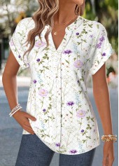 Raw white tops,Floral tops,Plants tops,ROTITA Curved Hem Floral Print Raw White Split Neck Blouse