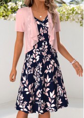 Pink dresses,Navy dresses,Plants dresses,Everyday dresses,Casual dresses,ROTITA Pink Leaf Print Tummy Coverage Dress and Cardigan