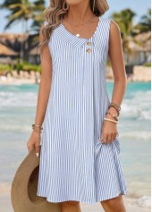 ROTITA Blue Striped Asymmetry Asymmetrical Neck Sleeveless Dress