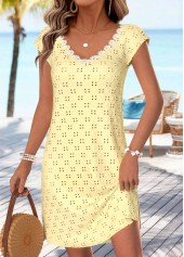 Light Yellow dresses,Plain Color dresses,Vacation dresses,Vacation dresses,ROTITA Light Yellow Bowknot Short V Neck Dress