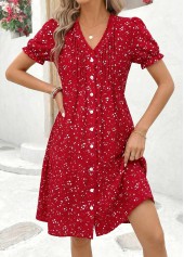 Red dresses,Ditsy Floral dresses,Vacation dresses,Vacation dresses,ROTITA Red Ditsy Floral Print Tuck Stitch Short Dress