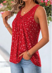 Red tops,Dot tops,ROTITA Patchwork Polka Dot Red V Neck Sleeveless Tank Top