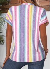 Multi Color tops,Striped tops,Geometric tops,ROTITA Curved Hem Striped Multi Color Stand Collar Blouse