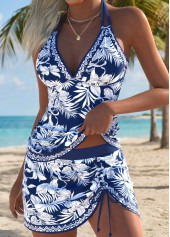 Navy swimwear,Plants swimwear,ROTITA Navy Adjustable Tie Tropical Plants Print Tankini Set