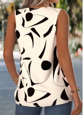 Beige tops,Geometric tops,ROTITA Patchwork Geometric Print Beige Asymmetrical Neck Sleeveless Tank Top