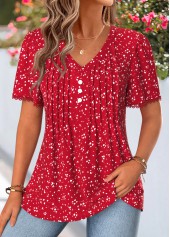 Red tops,Dot tops,ROTITA Curved Hem Polka Dot Red V Neck T Shirt