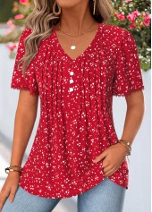 ROTITA Curved Hem Polka Dot Red V Neck T Shirt
