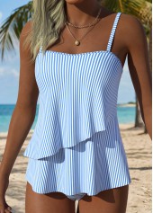 Light Blue swimwear,Striped swimwear,Geometric swimwear,ROTITA Light Blue Layered Striped Mid Waisted Tankini Set