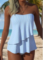 Light Blue swimwear,Striped swimwear,Geometric swimwear,ROTITA Light Blue Layered Striped Mid Waisted Tankini Set