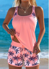 Dusty Pink swimwear,Plants swimwear,ROTITA Dusty Pink Patchwork Tropical Plants Print Tankini Set