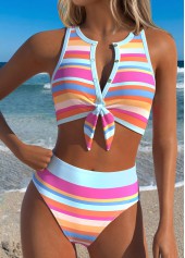 ROTITA Multi Color Two-piece Striped Mid Waisted Bikini Set
