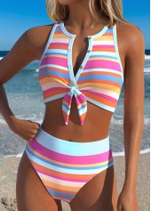 Multi Color swimwear,Striped swimwear,Geometric swimwear,ROTITA Multi Color Two-piece Striped Mid Waisted Bikini Set