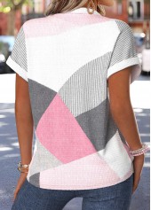 Light Pink tops,Geometric tops,ROTITA Tummy Coverage Geometric Print Light Pink Split Neck Blouse