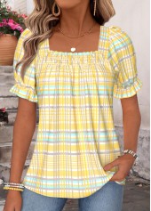 ROTITA Curved Hem Plaid Yellow Square Neck Short Sleeve Blouse