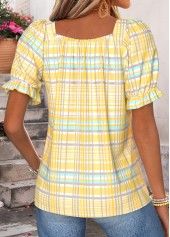Yellow tops,Plaid tops,Geometric tops,ROTITA Curved Hem Plaid Yellow Square Neck Short Sleeve Blouse