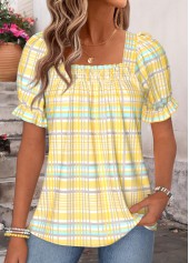 Yellow tops,Plaid tops,Geometric tops,ROTITA Curved Hem Plaid Yellow Square Neck Short Sleeve Blouse