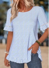 Blue tops,Striped tops,Geometric tops,ROTITA Frill Striped Blue Round Neck Short Sleeve T Shirt