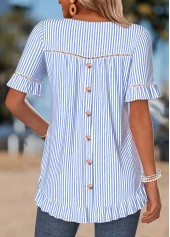 ROTITA Frill Striped Blue Round Neck Short Sleeve T Shirt